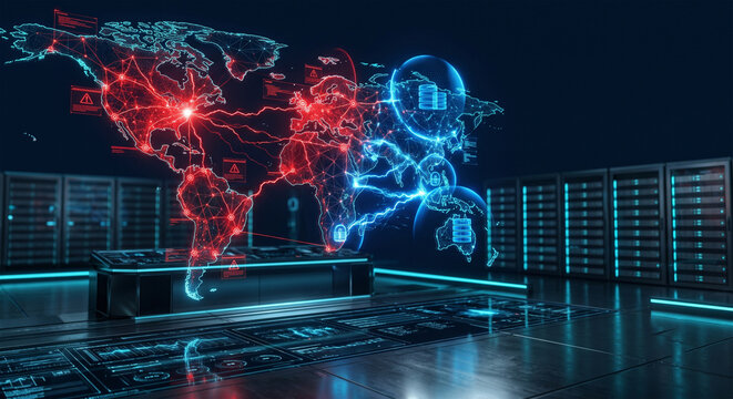 Global cyber attack and cybersecurity protection concept with digital world map visualization