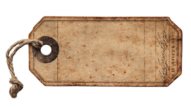Vintage specimen tag with distressed paper texture and aged twine, rustic retro style, clean studio lighting, isolated on transparent background