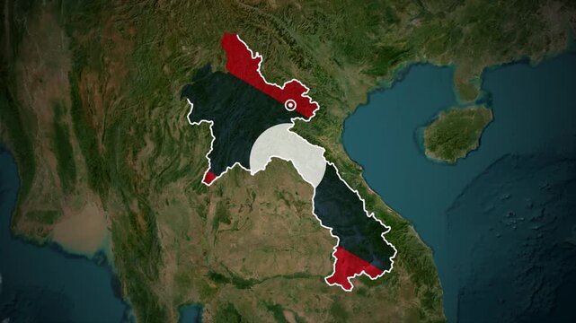 Myanmar Country Map with National Flag Overlay on Satellite Earth Background.
