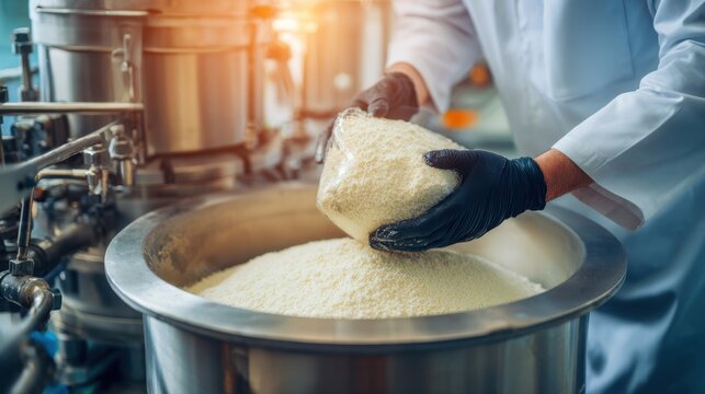 Medium close up shot of a food factory professional industrial worker in white coat uniform and black rubber gloves pouring white clean fine granulated sugar powder ingredient into a big steel bowl