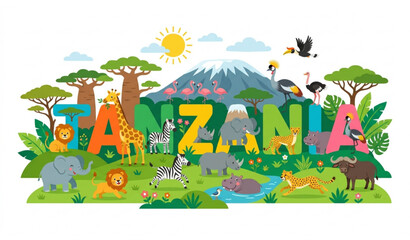 Fototapeta premium Tanzania word typography with African safari animals vector illustration