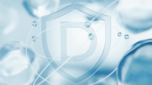 Vitamin D blue protection shield. 3D abstract background for pharma supplements. Medical defense capsule, immune booster drops, pharmaceutical sun vitamin formula for skin and bone health