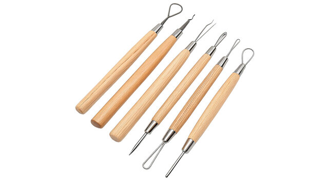 Set of professional wooden clay sculpting modeling tools isolated on a transparent background