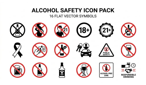 No drinking signs, age restriction 18+ 21+, and pregnancy warning icons set