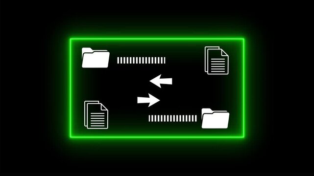 File transfer synchronization neon animation data exchange concept glowing green rectangle