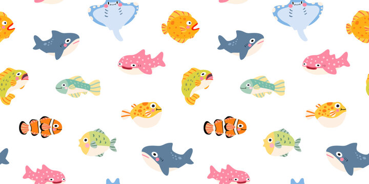 Cute Tropical Fish Seamless Pattern in Hand Drawn Cartoon Style. Clownfish, pufferfish, shark, stingray, whale shark, colorful reef fish, summer ocean background