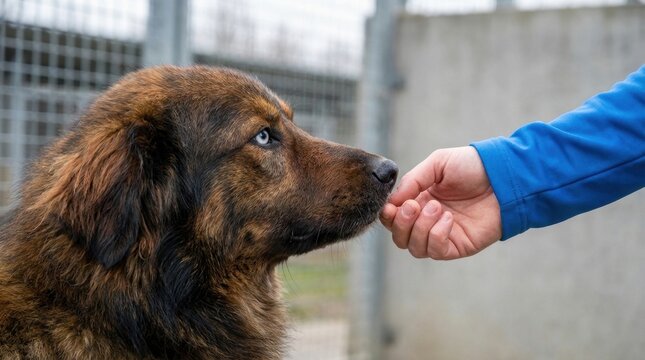 Dog Receives Treat from Human Hand in Shelter Environment, Close-Up View.