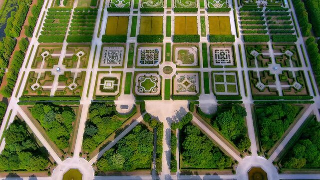 Top-down aerial drone view of the Great Garden at Herrenhausen with baroque parterres, hedge mazes, and geometric pathways in Hannover, Germany, summer daytime.