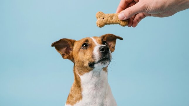 Adorable dog eagerly anticipates a tasty treat held by a human hand against a blue backdrop.