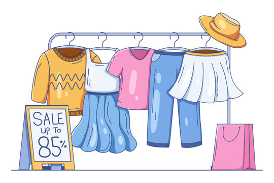 retail clothing rack with assorted fashion apparel and promo sign