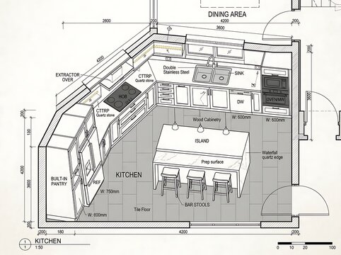 Modern Kitchen Floor Plan Blueprints with Island.