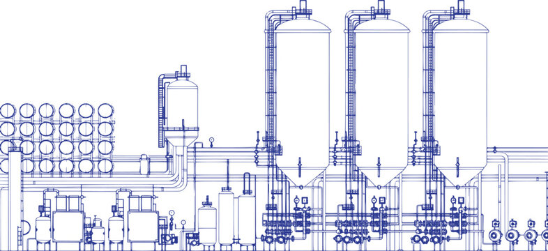 Industrial Alcohol Distillery Factory Interior with Fermentation Tanks and Pipe Network Line Art