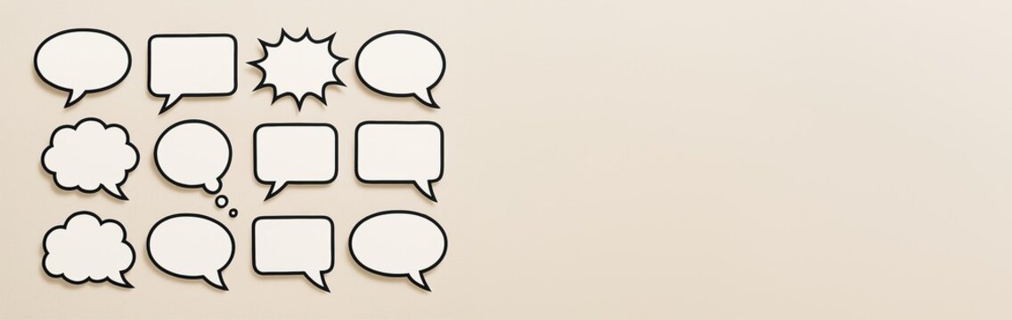 Assorted speech bubble shapes arranged on left side of beige background with empty space on right for text, design, or advertising mockup. Ai generative