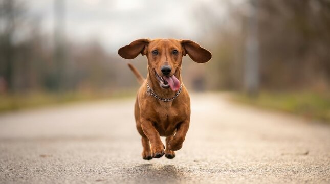 Energetic Dachshund Dog Running Joyfully on Paved Road with Tongue Out, Happy Canine.