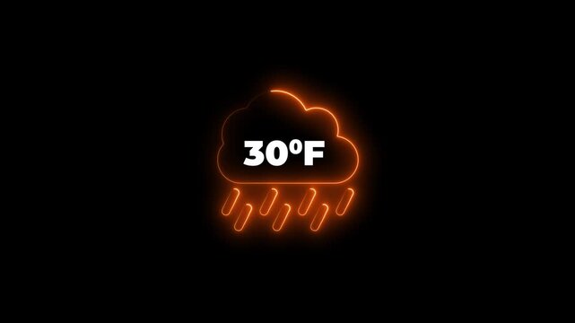 Glowing neon cloud icon with 30 degrees Fahrenheit temperature on dark background. Weather Cloud icon animation degree of Fahrenheit, neon glow line and different weather conditions are revealing.