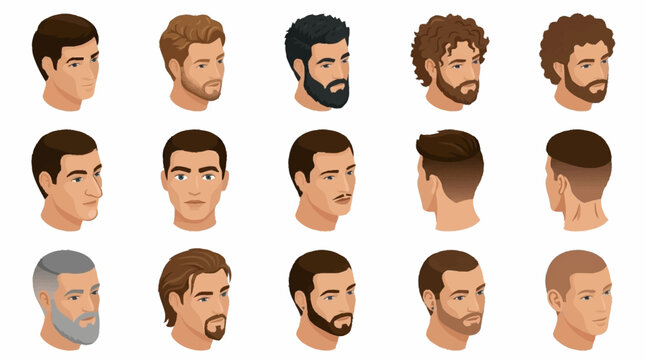 Collection of diverse male cartoon heads with various hairstyles and beards.