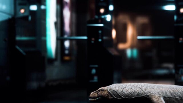 A large lizard is lying on the ground in an urban setting. The background shows dark gates and blurred lights. The scene appears to be nighttime with little activity around.