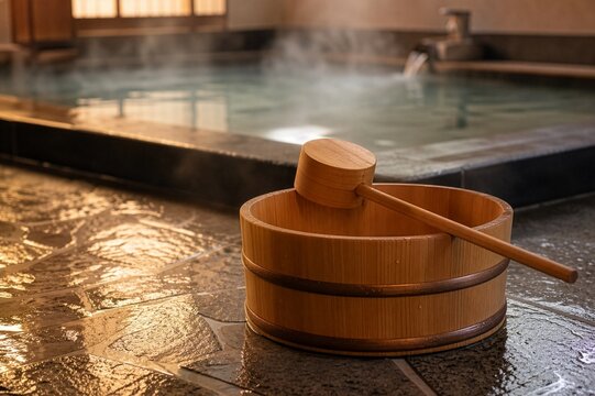 Traditional Japanese wooden bath bucket and bamboo ladle placed on the wet stone floor of a public bathhouse or hot spring
