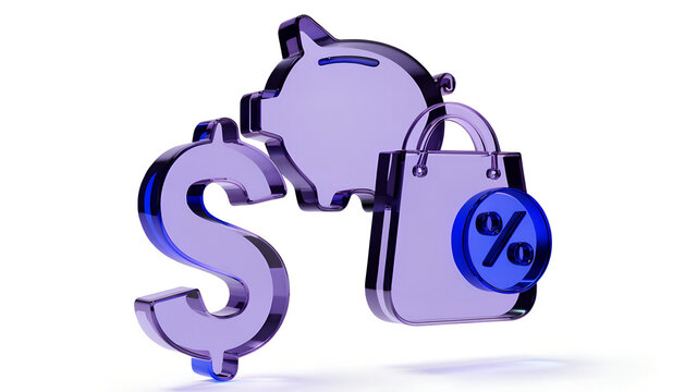3D glassmorphism financial and shopping icons with dollar sign, piggy bank, and discount bag