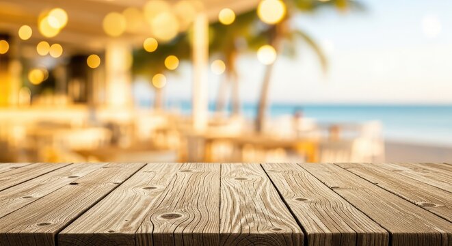 A rustic wooden table top sits in front of a soft blurred background of a sunny beach cafe with golden bokeh lights and warm ocean breeze, surface, wood, cafe