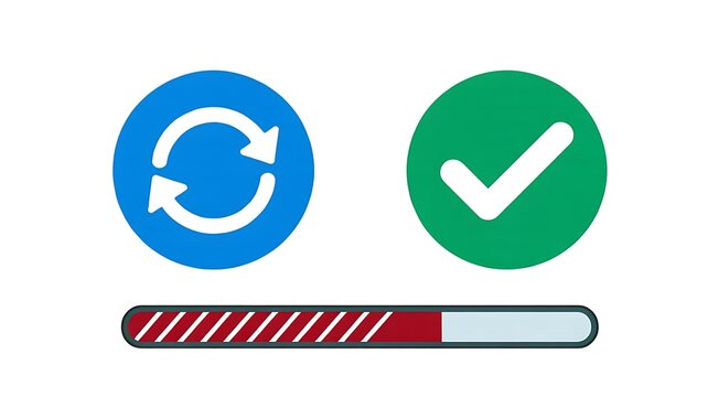 Software update progress with synchronization and successful completion status icon