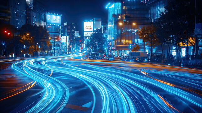 Abstract Smart City Traffic Light Trails at Night with Urban Digital Infrastructure and High Speed Transportation Technology