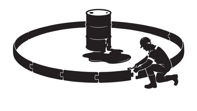 Worker installing a containment barrier around a leaking oil drum to prevent environmental harm