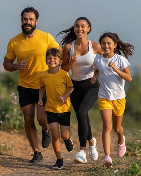 Happy diverse family exercising together outdoors on a sunny day, promoting healthy lifestyle and fitness