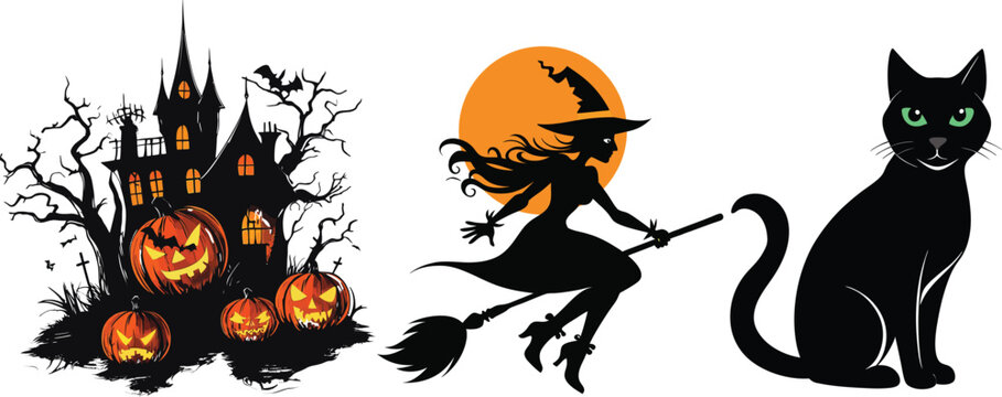 Halloween vector illustration set haunted house witch and black cat