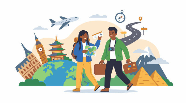 Couple embarking on world tour with iconic landmarks suitcases map and plane