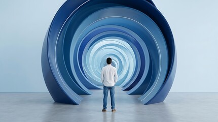 Fototapeta premium Person Standing in Futuristic Blue Tunnel with Concentric Light Rings and Digital Glow