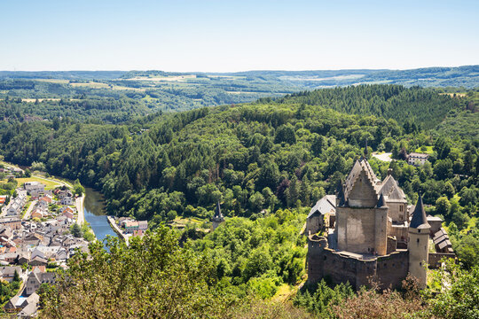 Vianden, Luxembourg, 28 June 2019: Vianden Castle, Luxembourg's best preserved monument, one of the largest fortified castles West of the Rhine Romanesque style, with gothic additions