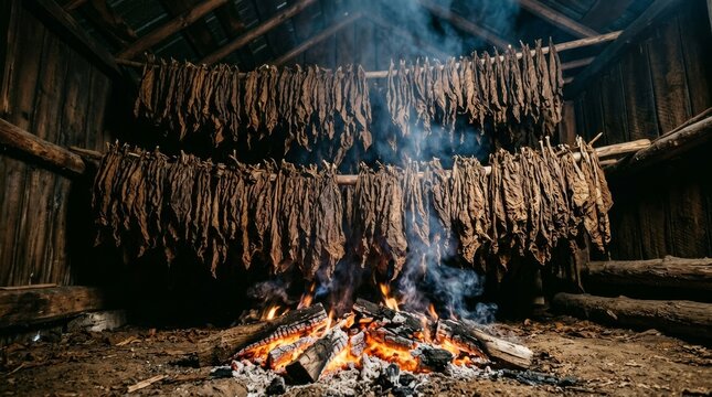 Traditional tobacco leaves drying over an open fire inside a rustic wooden barn shed