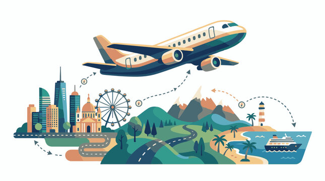 Colorful travel destinations with airplane and transportation modes