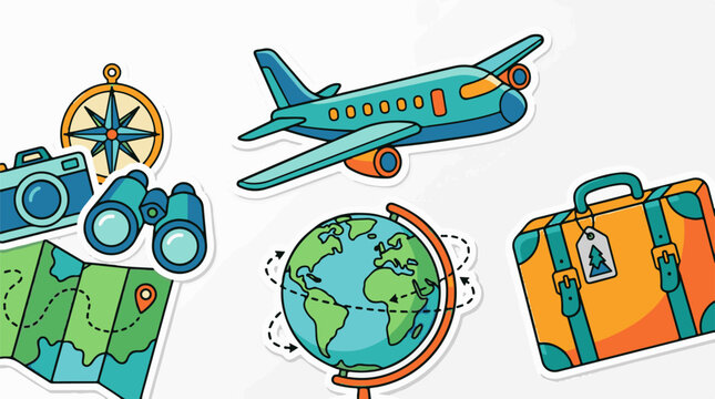 Colorful travel icons plane globe map camera binoculars compass suitcase