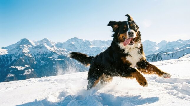Bernese Mountain Dog Joyfully Leaping Through Snowy Landscape with Majestic Mountain Backdrop.