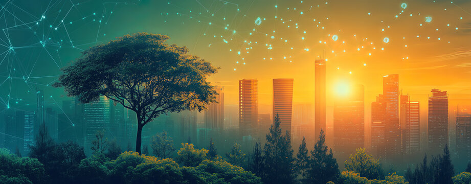 Abstract Sustainable Smart City Background: Eco Friendly Skyline Skyscrapers and Forest under Warm Golden Sunset with Floating Digital Data Particles for Biophilic Urbanism, Green Tech, and Carbon Neu