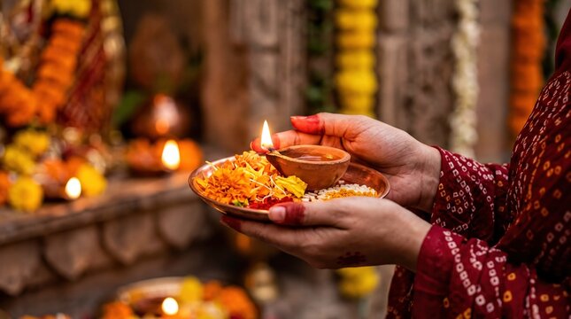 Navratri Aarti: Devotional Hands with Lit Diya and Offerings, Capturing Tradition for Festive Content