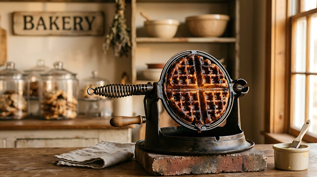 Vintage waffle iron cooking a fresh golden waffle in a rustic kitchen setting