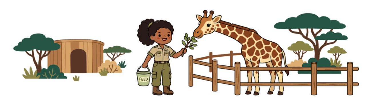 Cute Girl Feeding Giraffe in Zoo Enclosure with African Trees and Hut