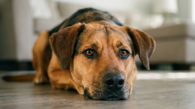 A close-up shot of a brown and black dog lying on the floor with a sad expression.