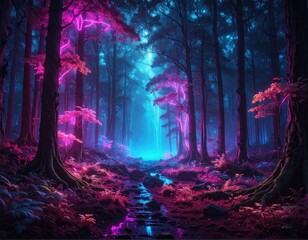 Fototapeta premium Ethereal forest bathed in neon pink and blue light, path through trees