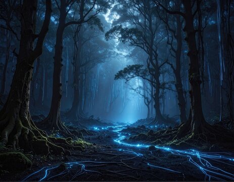 Enchanted forest path illuminated by glowing blue energy and mystical light
