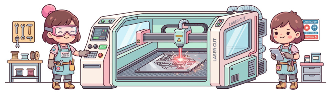 Cute cartoon girls operating laser cutter machine for crafting and fabrication in workshop