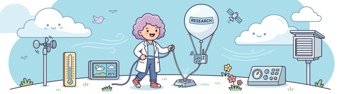 Cute Scientist with Weather Balloon & Meteorological Instruments