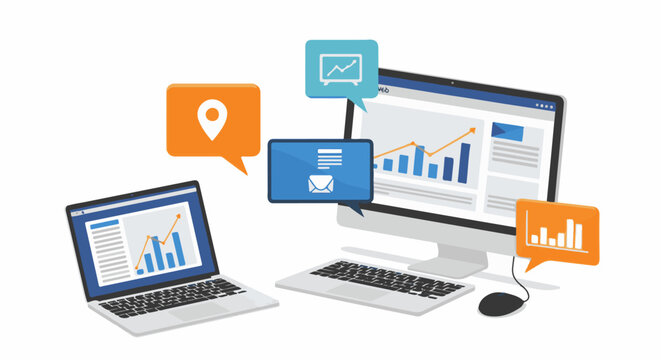 Computer screens displaying data charts and analysis with notification icons