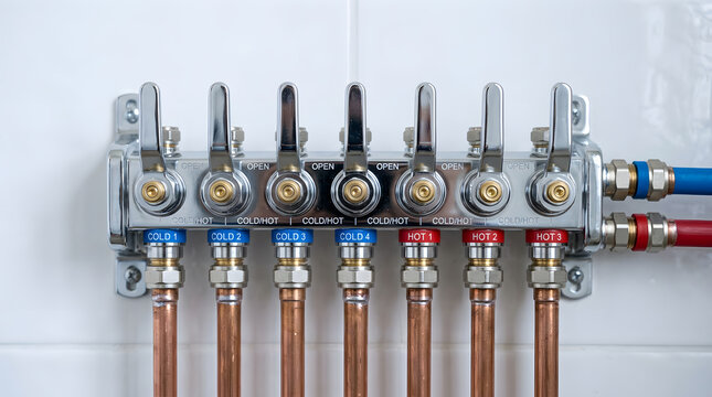 Plumbing Manifold System for Home Water Distribution | Central Heating Control Valves and Copper Pipes | Underfloor Heating Installation Components | Domestic Water Management Infrastructure