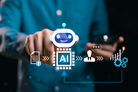 Businessperson interact AI feedback loop, enhancing enterprise productivity, driving data-driven decision-making, optimizing processes, and fostering continuous improvement for digital growth