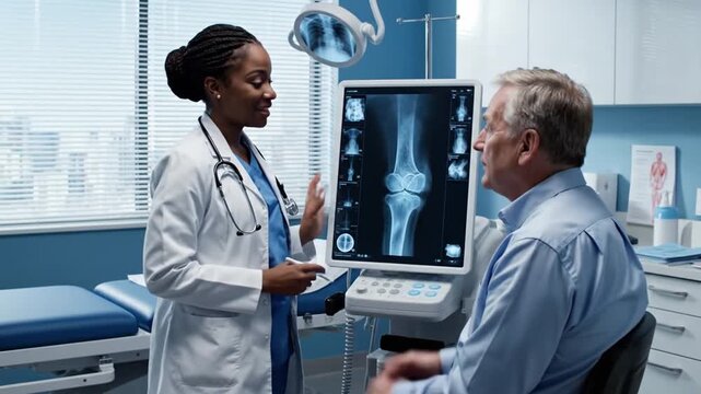 Female Doctor Explains Knee Radiograph Images, Modern Clinic Consultation With Senior Patient, Physician Points At Monitor, Stethoscope Visible, Closeup Of Bone Joint, Calm Supportive Tone, Clear