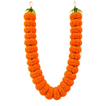 Vibrant orange marigold garland isolated on white background traditional indian floral decoration